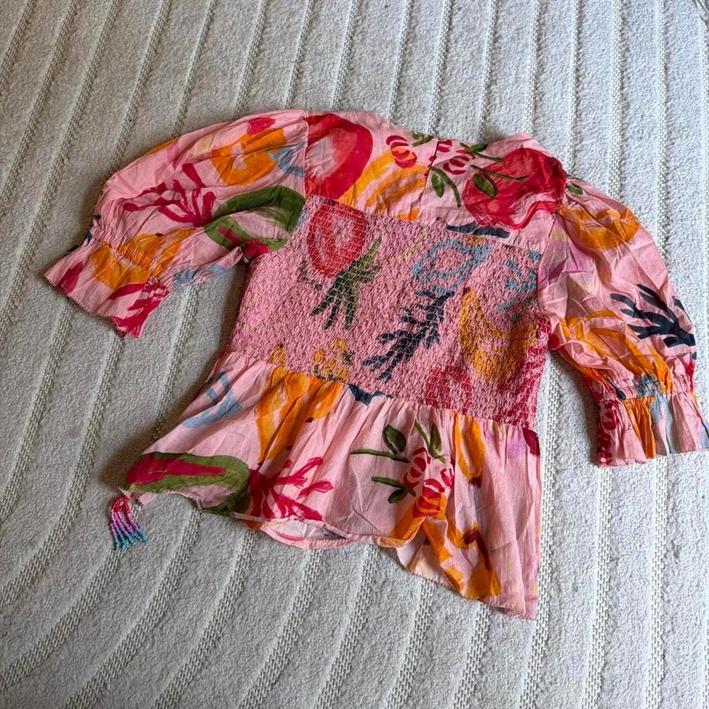 Farm Rio Mixed Fruit Smocked Bodice Blouse size Medium Boho Tropical Summer - Picture 6 of 8